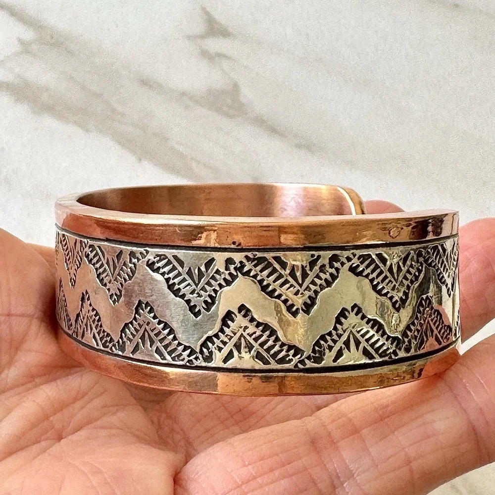 Mens Navajo Sterling Copper Cuff Bracelet 7.5in Signed Heavy 90g Native American